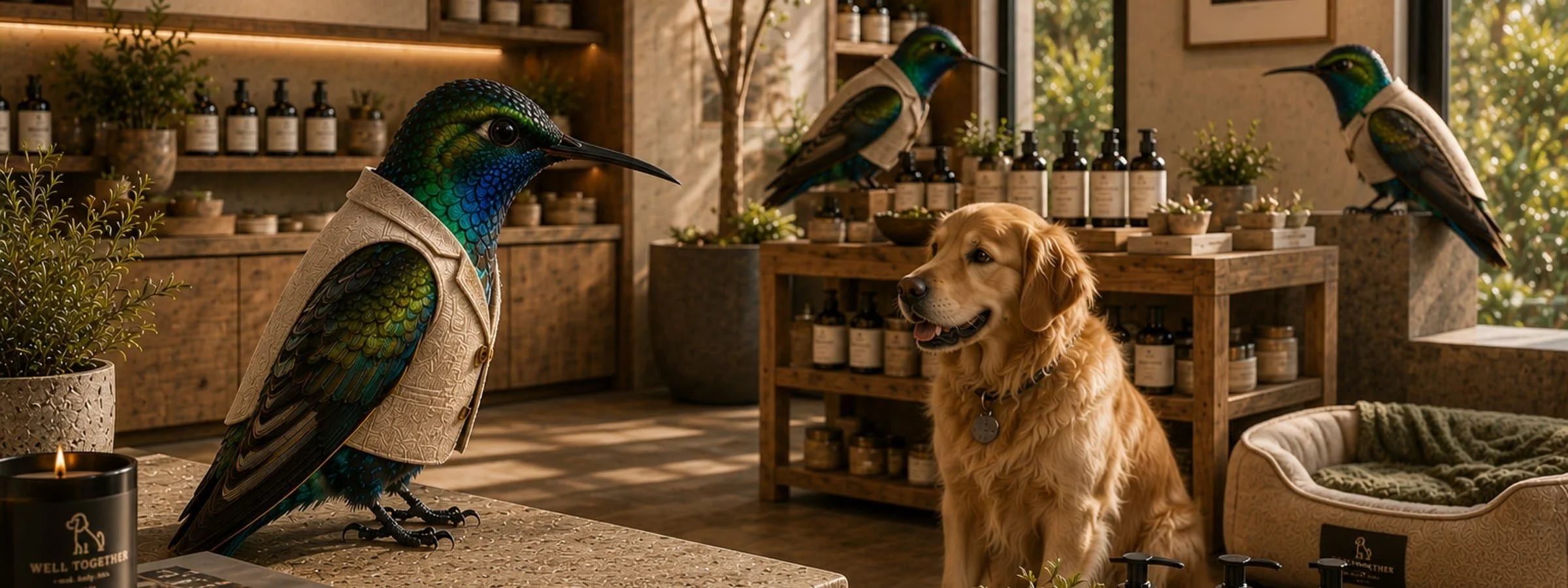 Three pet store hummingbirds assist a golden retriever