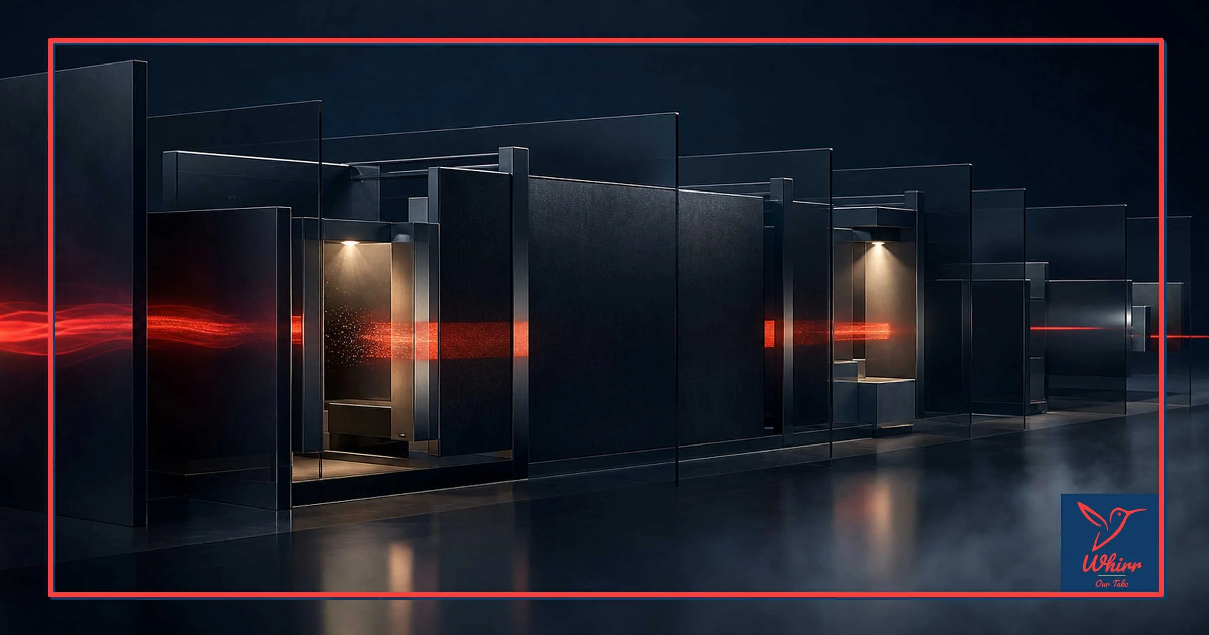 A light beam travels through panels and structures, sharpening as it moves through, representing how fees in media plans may be opaque and misleading.