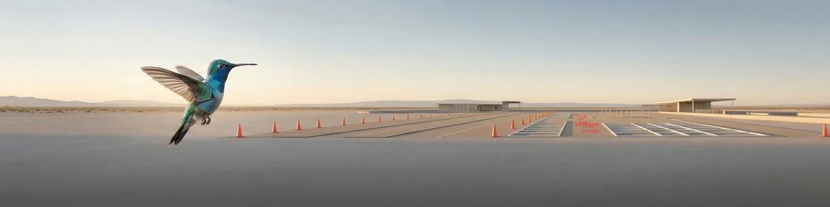 A colorful hummingbird whirs near an empty, wide-open paved area with orange cones and distant buildings under a clear sky.
