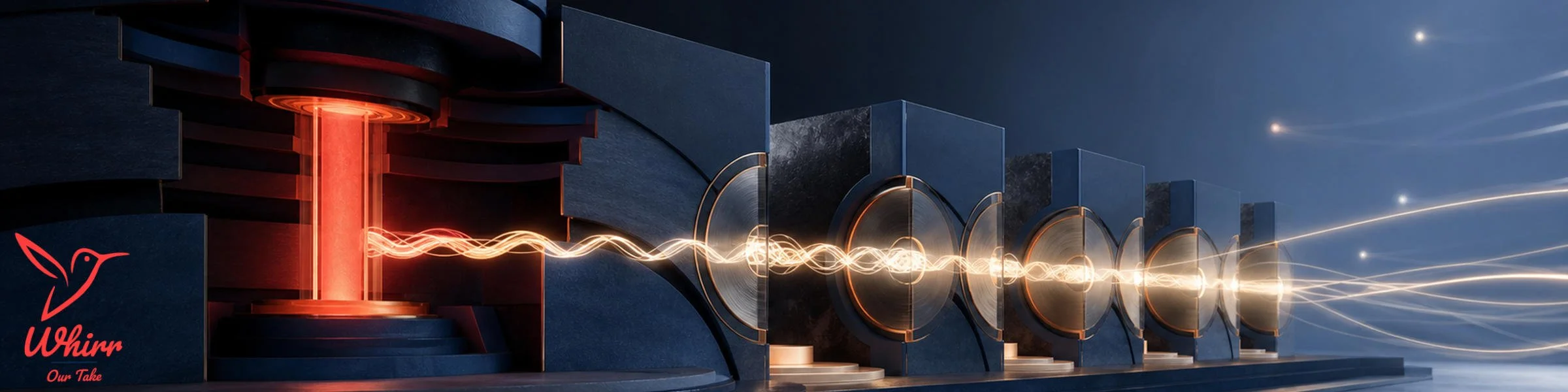 Light streams pass through rectangular structures, representing the impact of long-form content, with the Whirr logo in the lower left-hand corner.