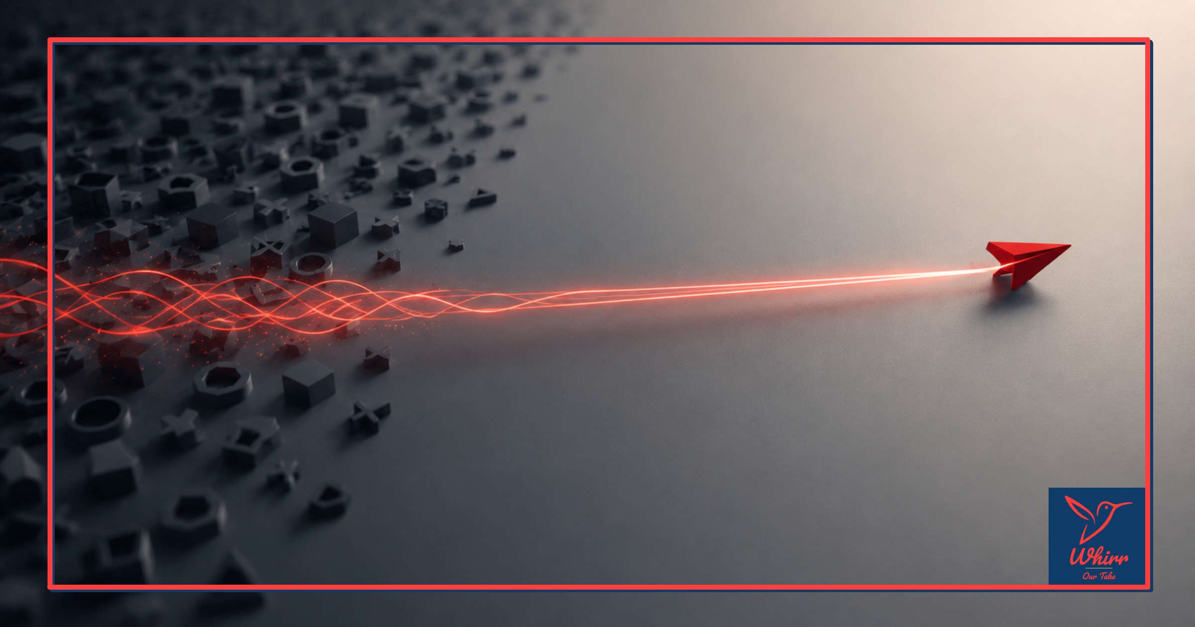A red arrow emerges from a sea of different shapes, with a red plume behind it, symbolizing clarity over complexity in marketing.