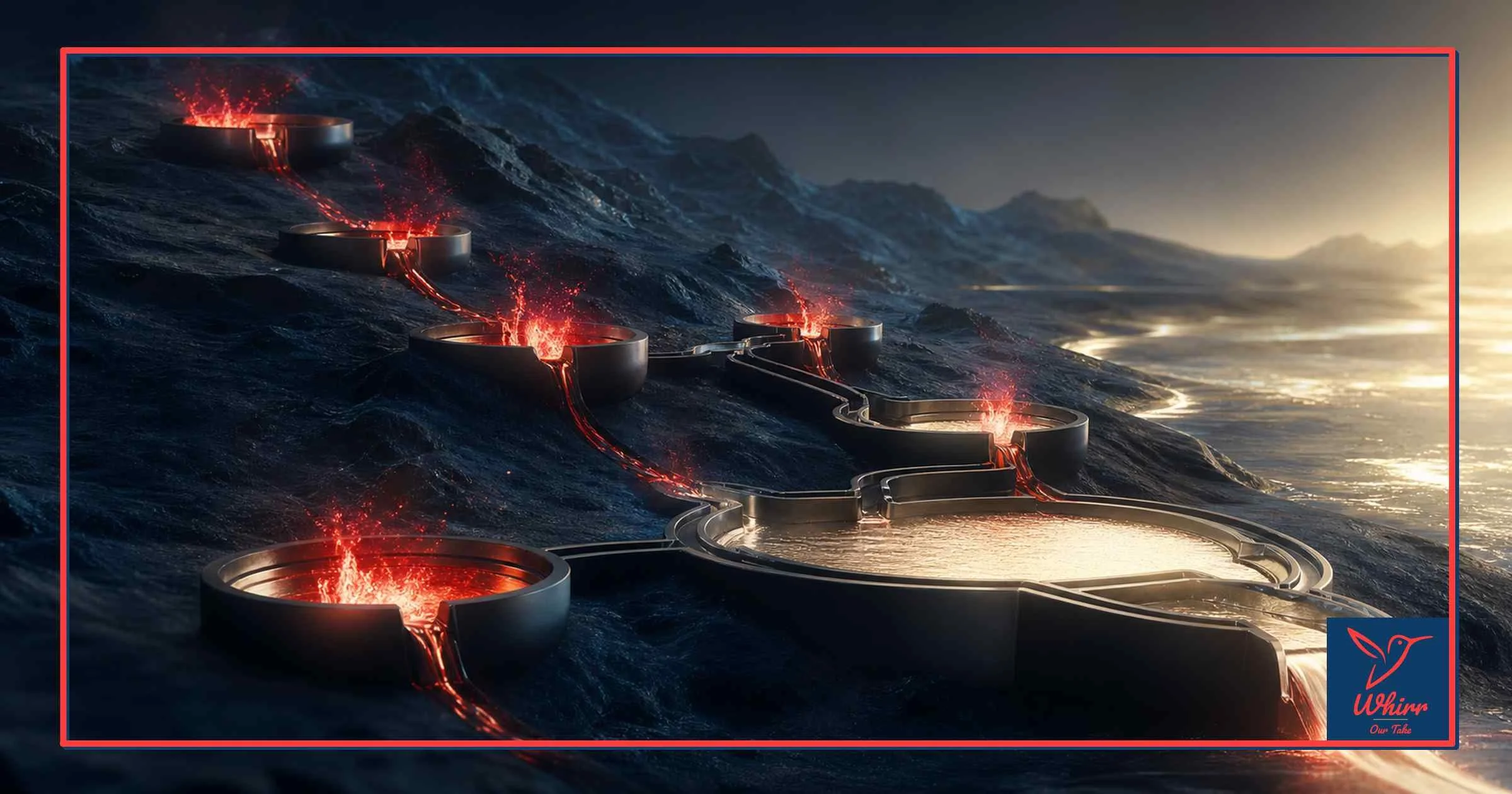 A series of pools cascading down a mountainside have red fires in them, representing the process of marketing maturity.
