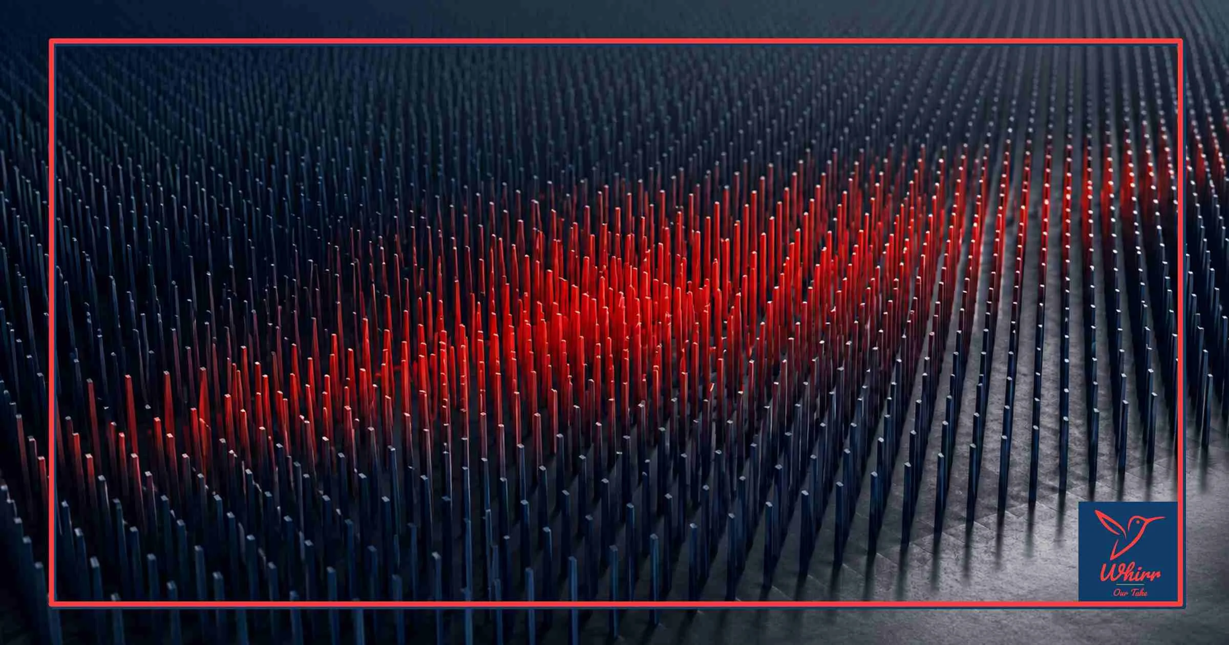 A series of grey/blue rods emerge from a graphite surface, but the rods in the center glow red, signifying the power of branding.  The image has a red frame and a Whirr logo in the lower right corner.