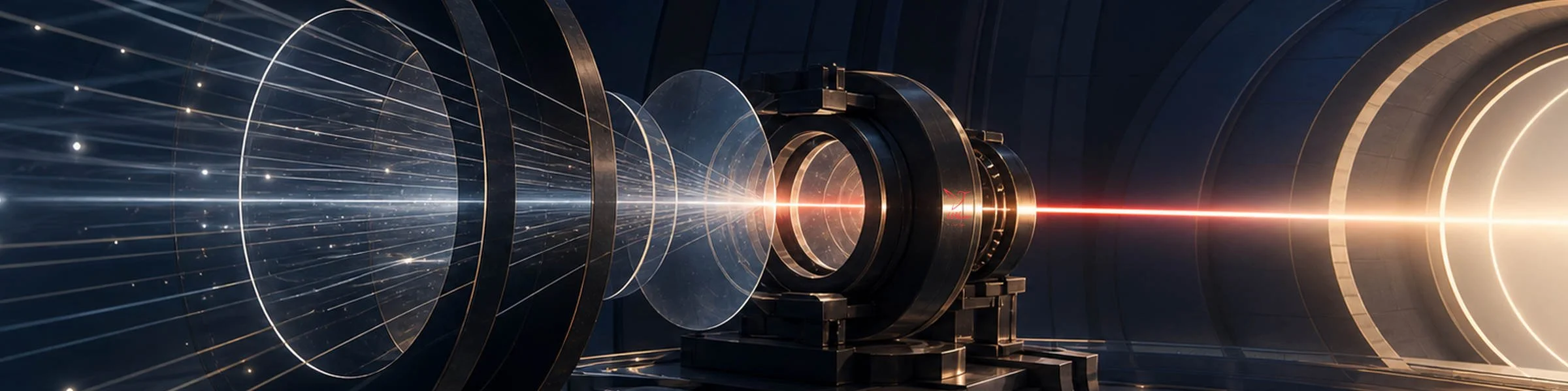 Lightbeams pass through lenses and filters into a concentrated beam, representing the focus requires for attention-based measurement.