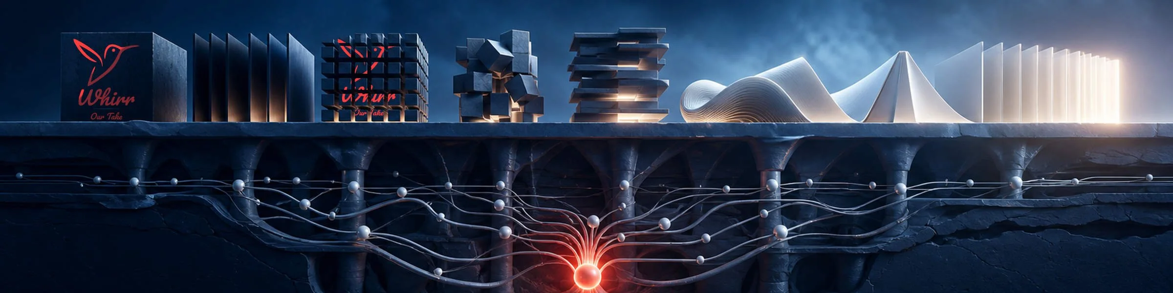 Differently shaped stuctures sit atop a platform, some with the Whirr logo, while connected wires and nodes lead to a red glowing ball, all symbolizing how some media strategies stand the test of time.
