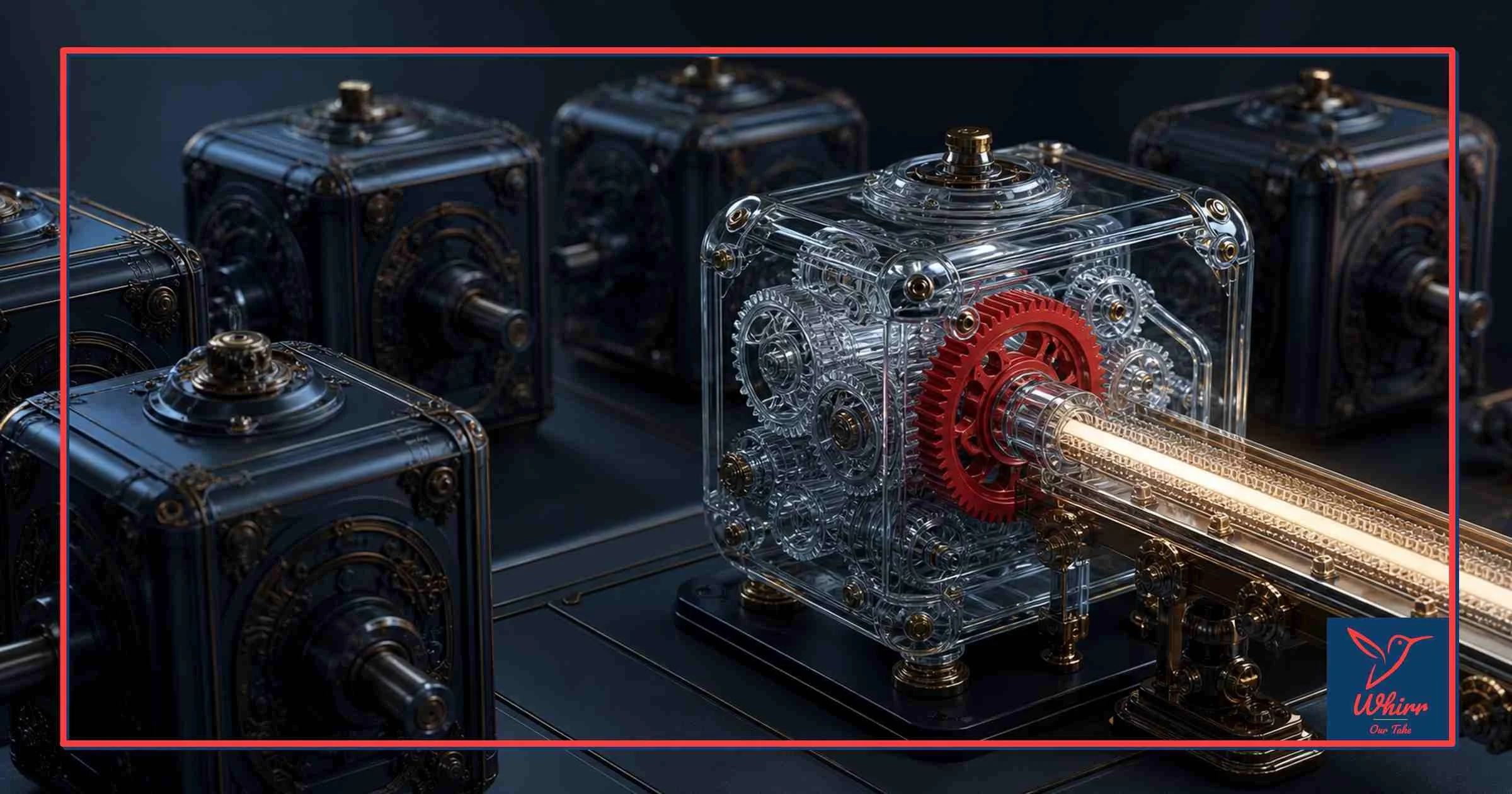 A set of antique cubes surround a glass one with an interior filled with gears.  One red gear propels light out of it, signifying the path to choosing a right partner to develop