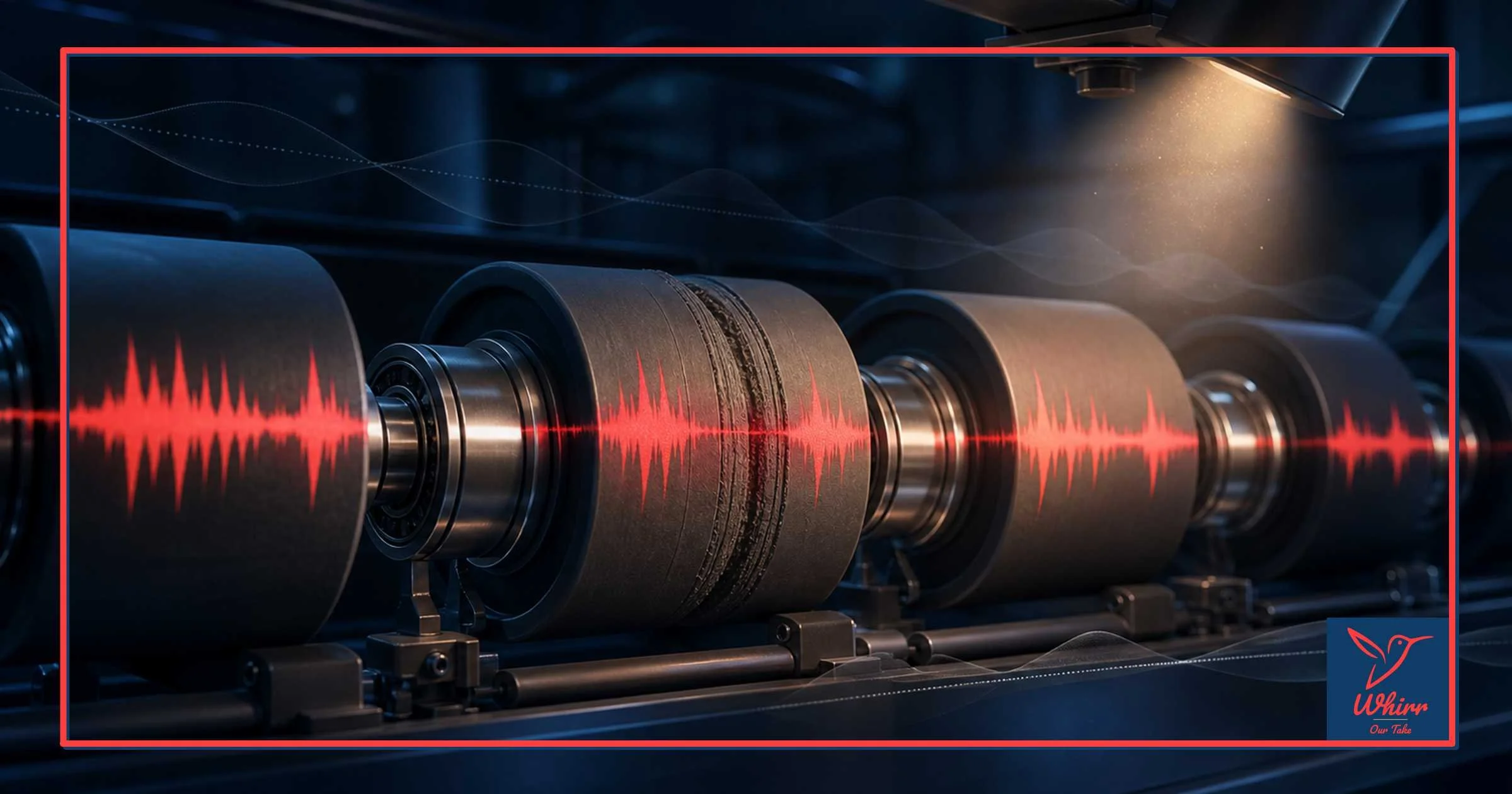 A series of rollers feature red waveforms, with the whirr logo in the corner, representing creative fatigue.
