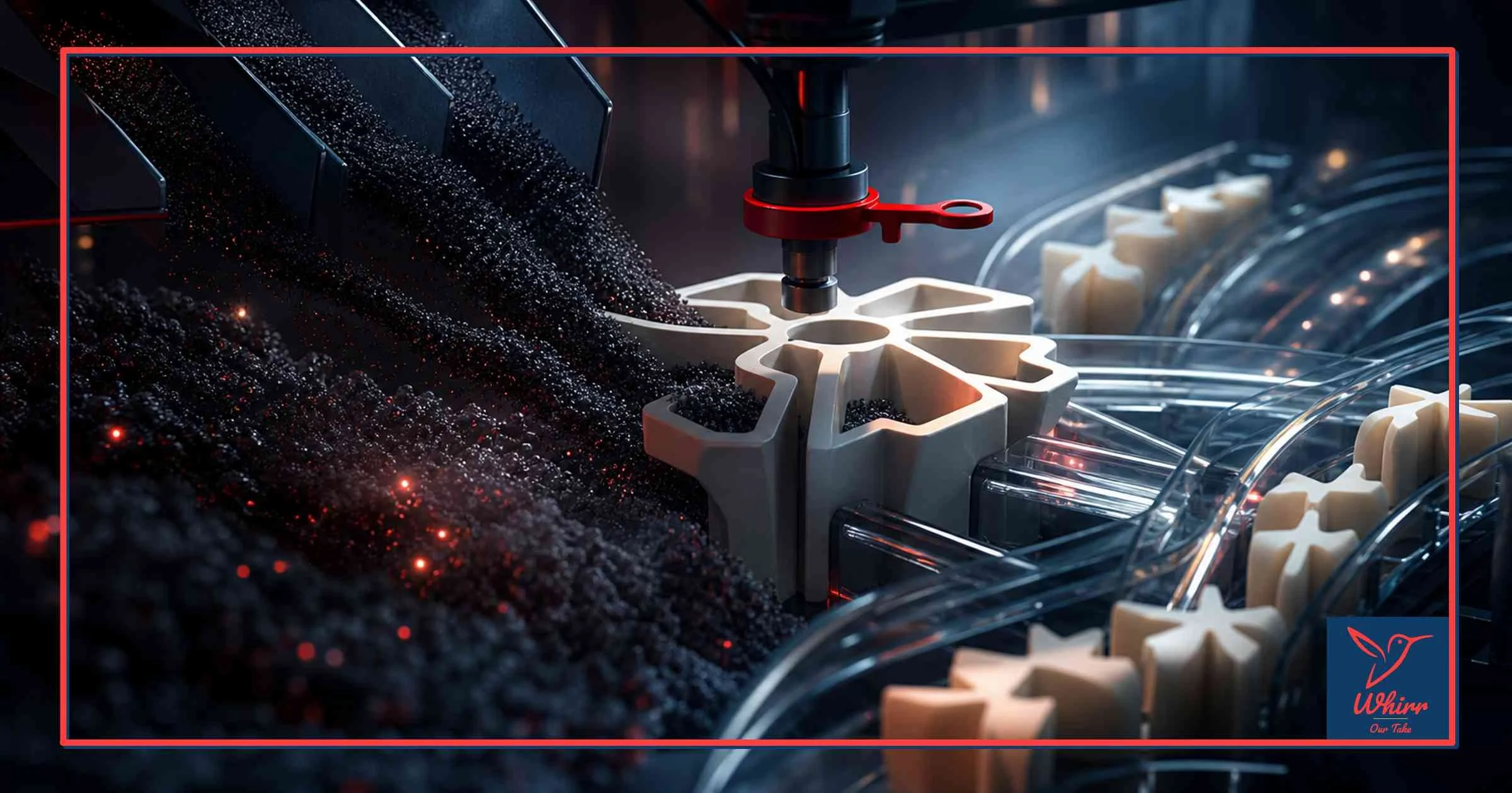 Black beads funnel down into a machine from chutes, and become white shapes, symbolizing how AI can help brands efficiently generate content that matches their brand voice.