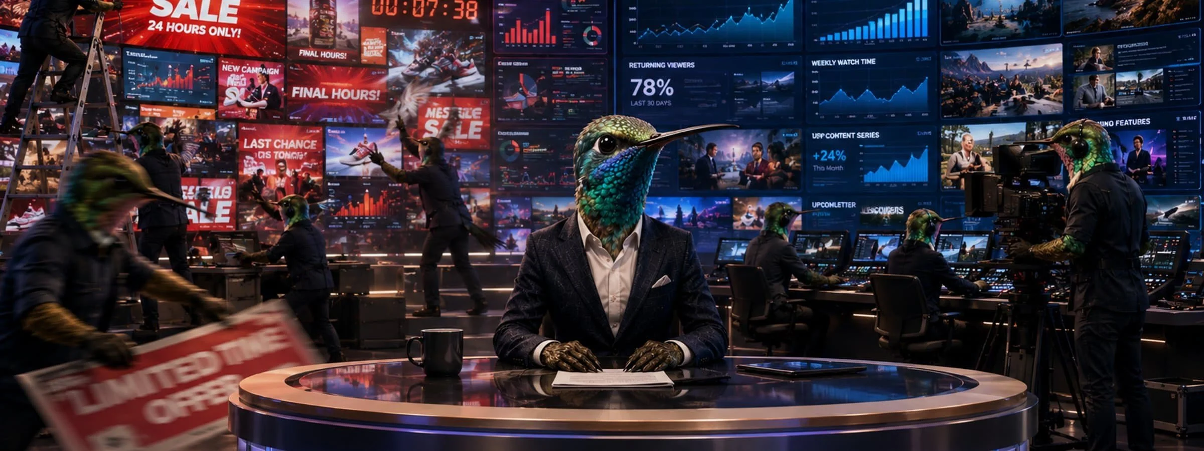 A hummingbird newscaster sits at a news desk while promotional messaging is posted in the background by crew.