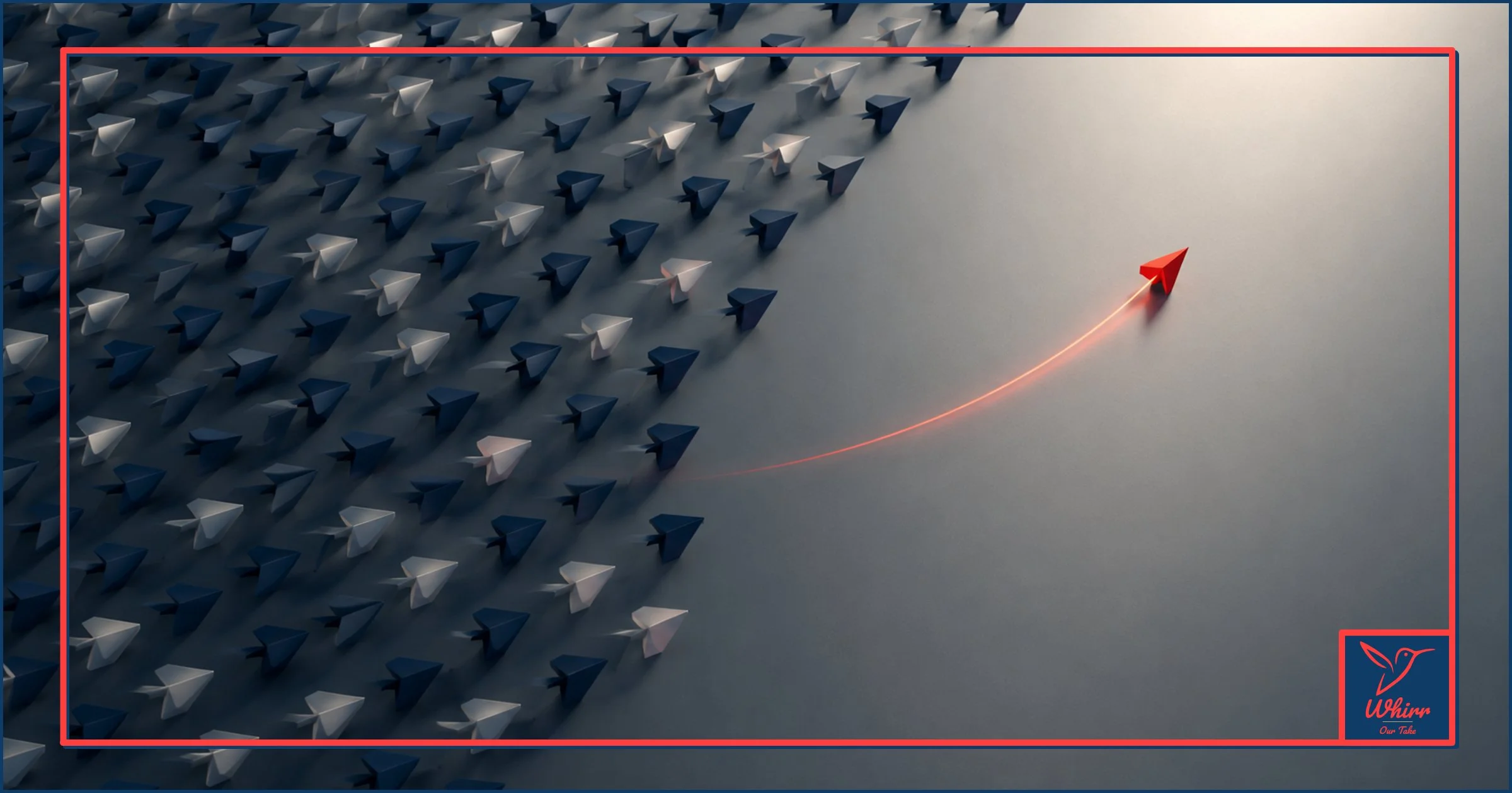A red arrow soars away from a sea of blue and silver arrows, with a neon trail behind it.  The Whirr Our Take logo sits in the lower right hand corner.