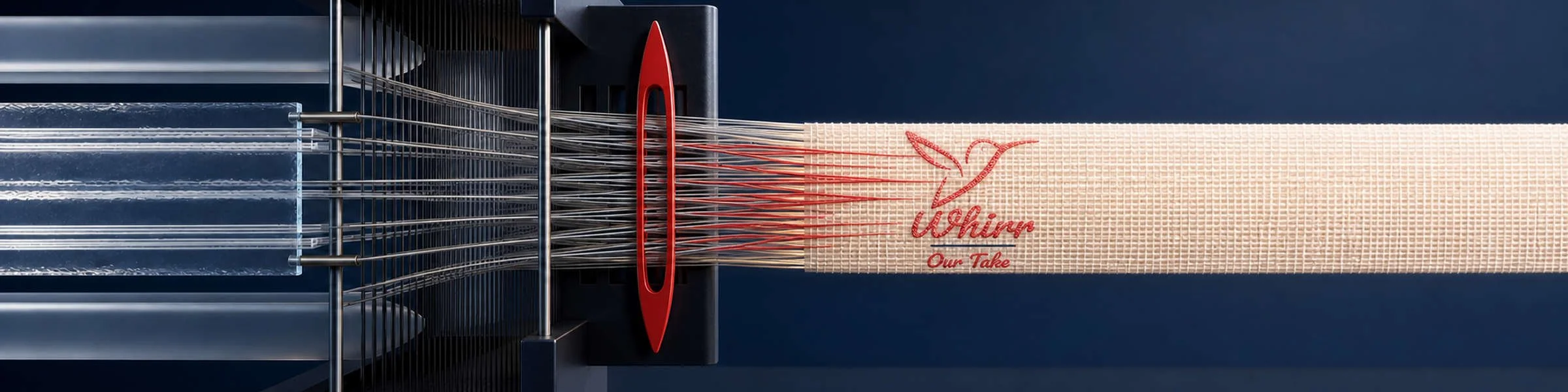 Threads pass through a loom, with the Whirr logo woven into the fabric.