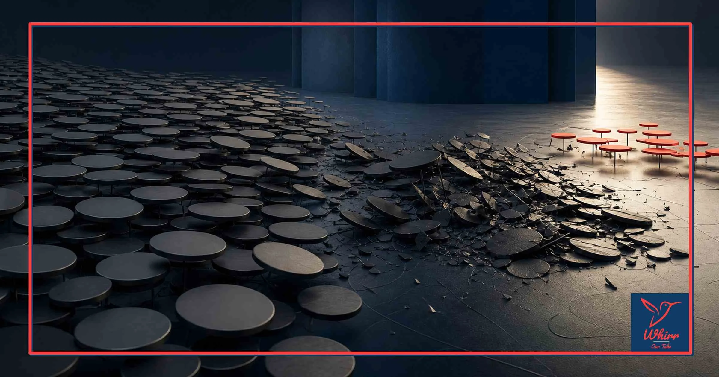 A series of disks are amassed on the left side, some are crumbling in the middle, and red ones are perched on the right side, with the whirr logo at the bottom right hand corner.