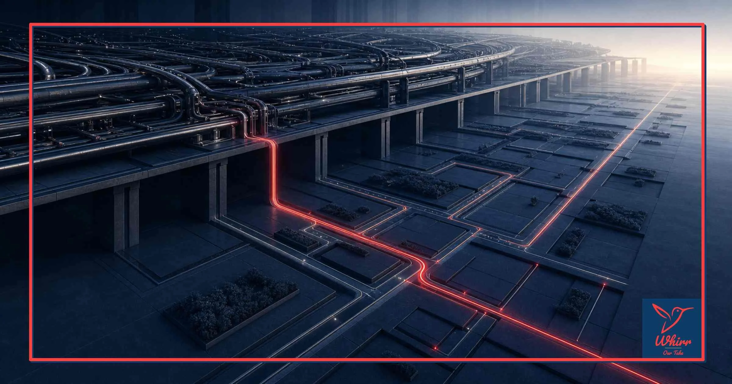 A red liquid travels through a channel to a destination, much like small channels live within larger ones.