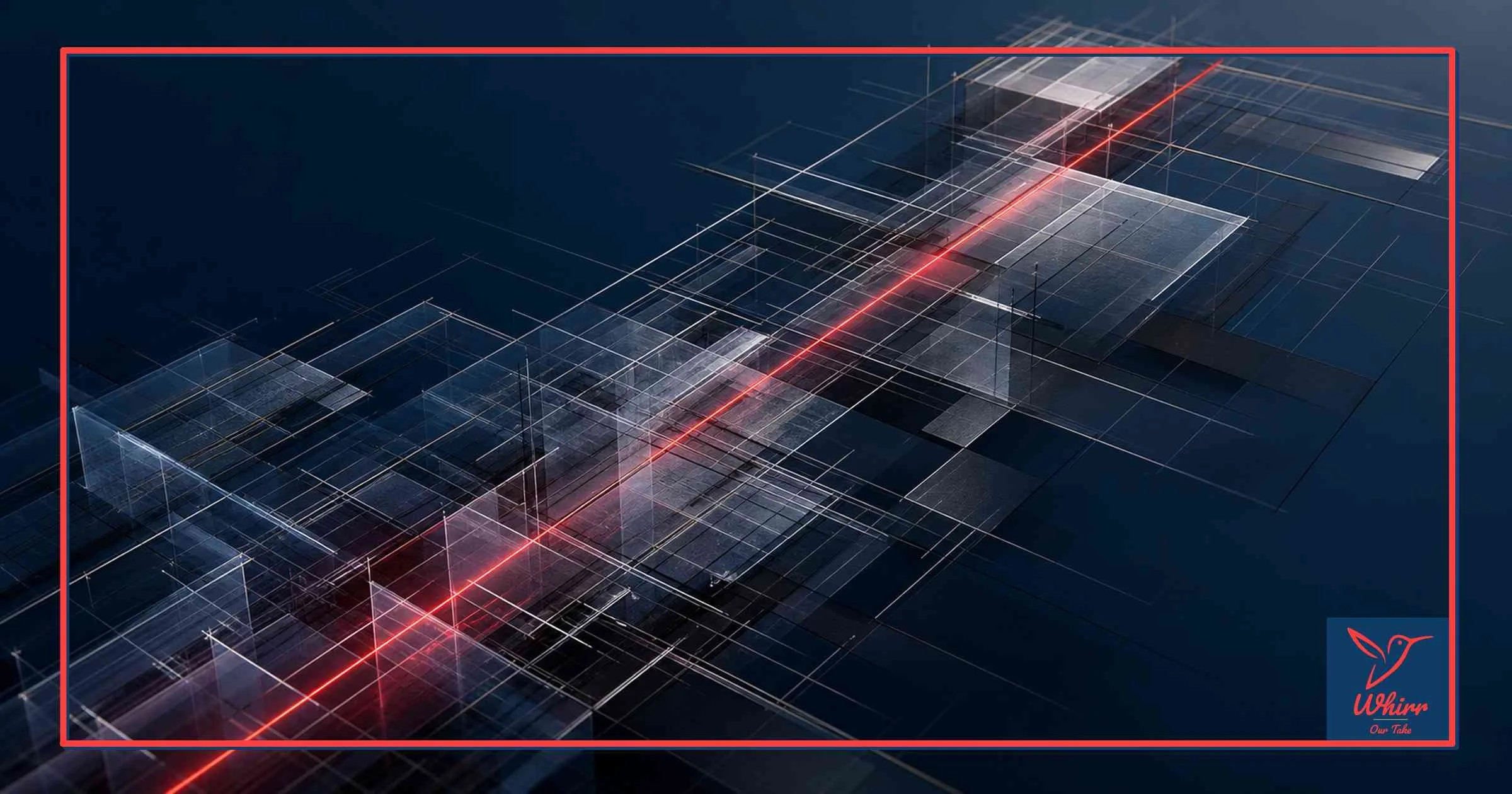 A red light beam travels diagonally through glass rectangular surfaces, representing how the media brief is broken, with the Whirr logo in the corner.