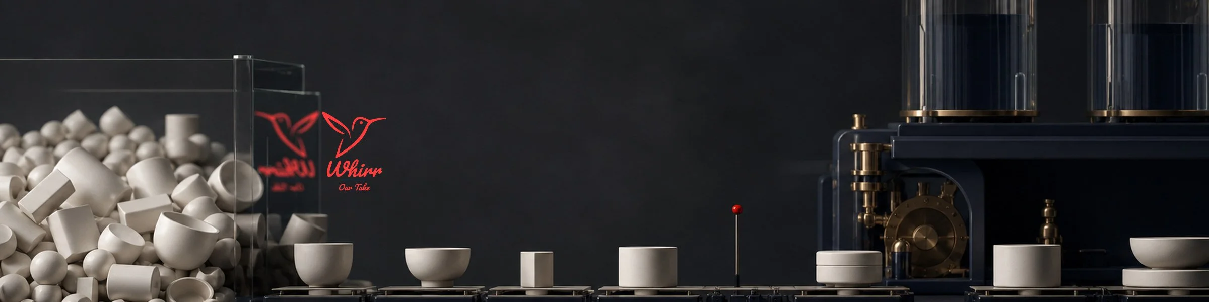 A conveyor belt with different blank ceramic containers moves down an assembly line, with the Whirr logo on the wall.