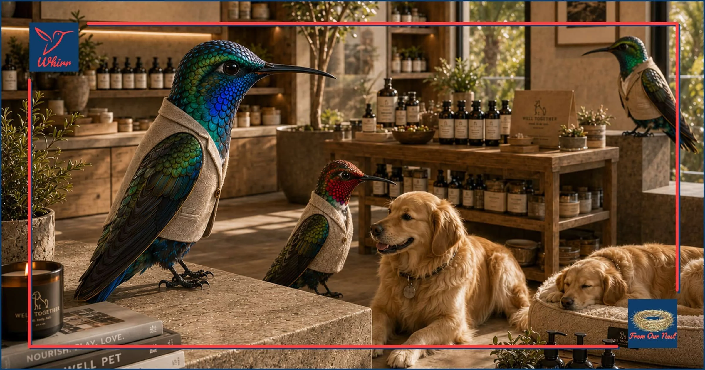 Hummingbirds working in an upscale pet store cater to two golden retrievers.