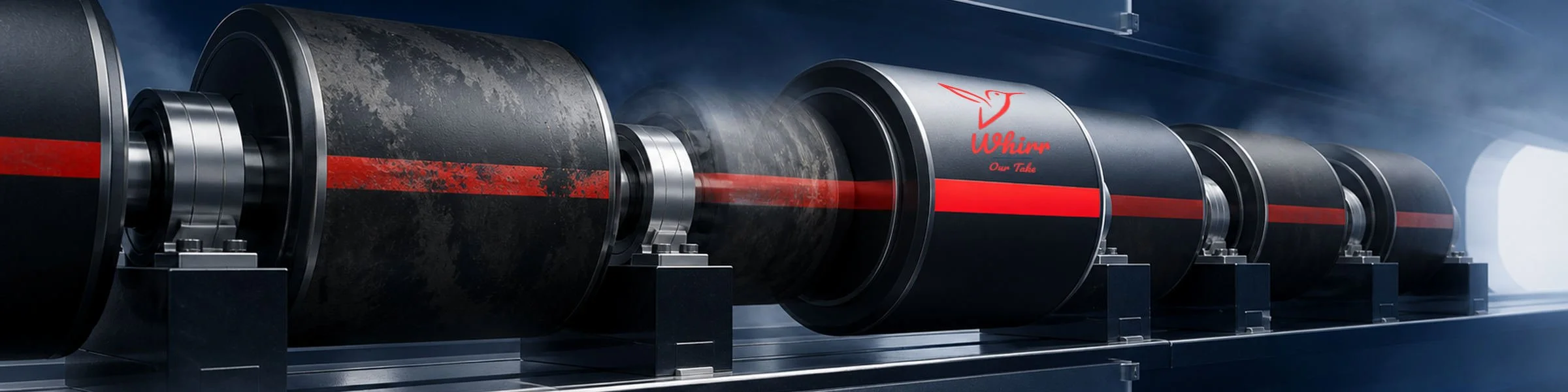 A series of rollers on a red spindle feature the Whirr logo on one, representing solutions for creative fatigue.