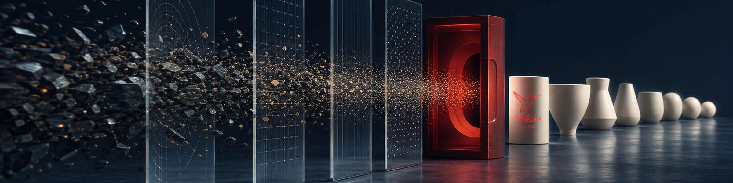 Black fragments pass through screens and a red portal, beoming white ceramic pottery on the other side, representing how AI helps brands develop content efficiently.