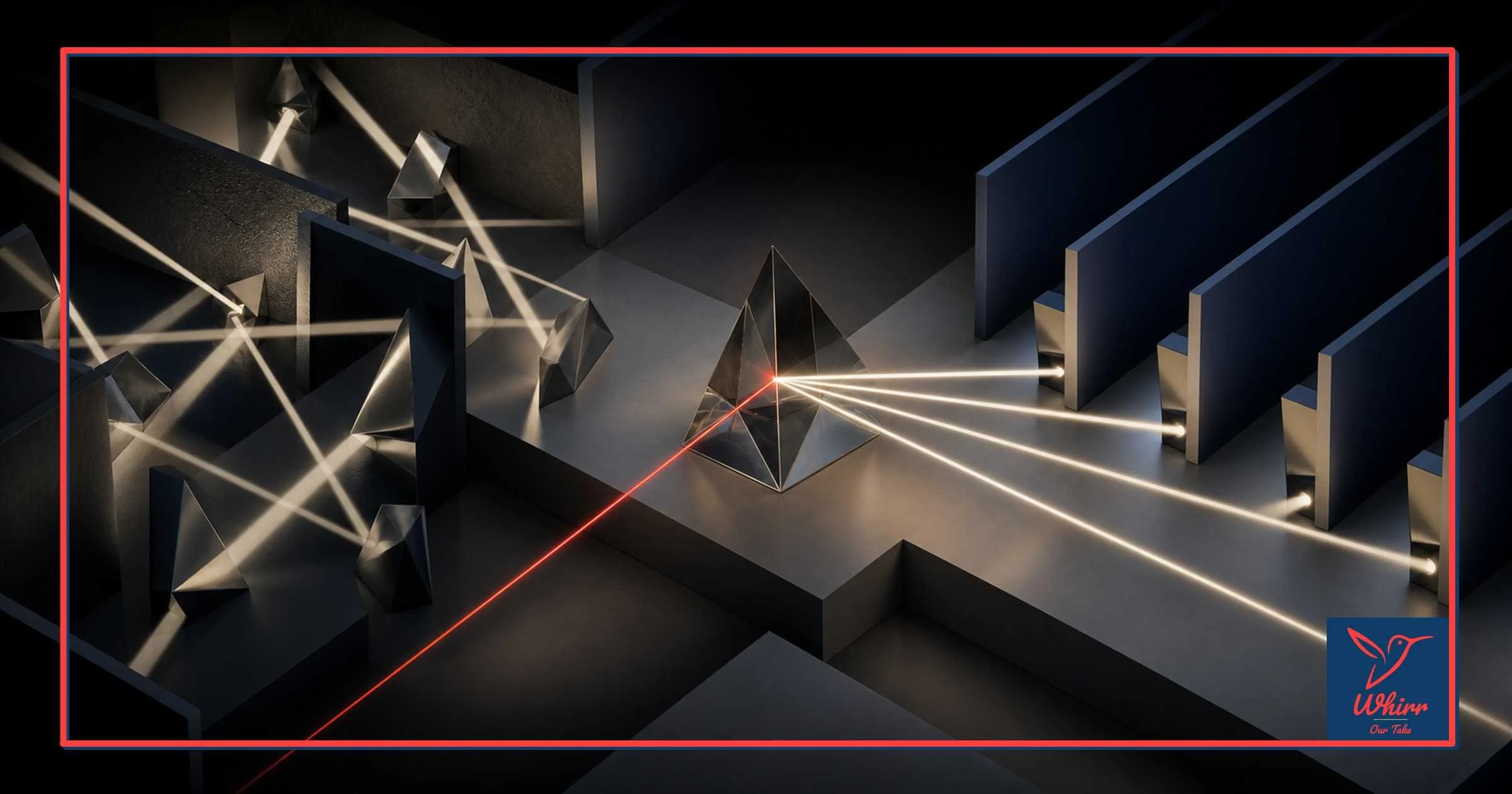 A red lightbeam shines through a prism which refracts it onto several rectangular surfaces representing social media channels.