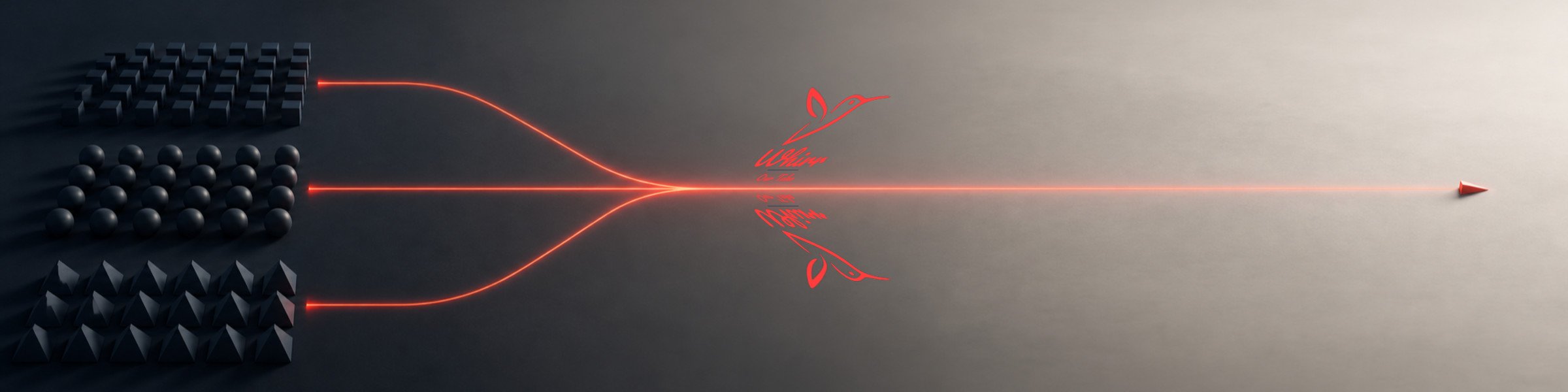 Three sets of shapes, representing paid, owned, and earned media, sit on the left side, with glowing red light streams emanating from them and convering at a Whirr logo towards a red arrow on the right.