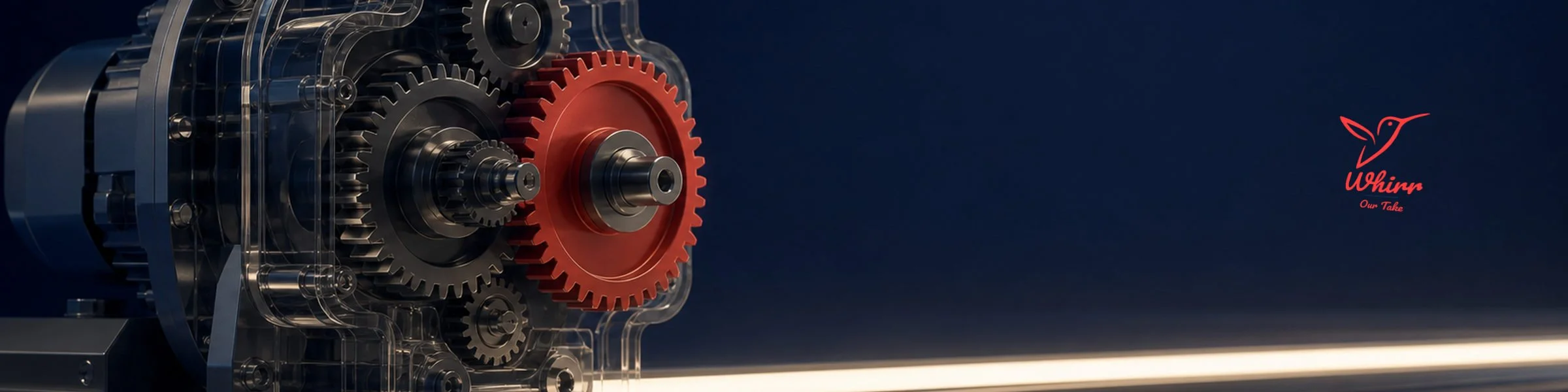 A piece of machinery with a red gear outputs a white lightstream, with the Whirr logo in the distance on the wall.