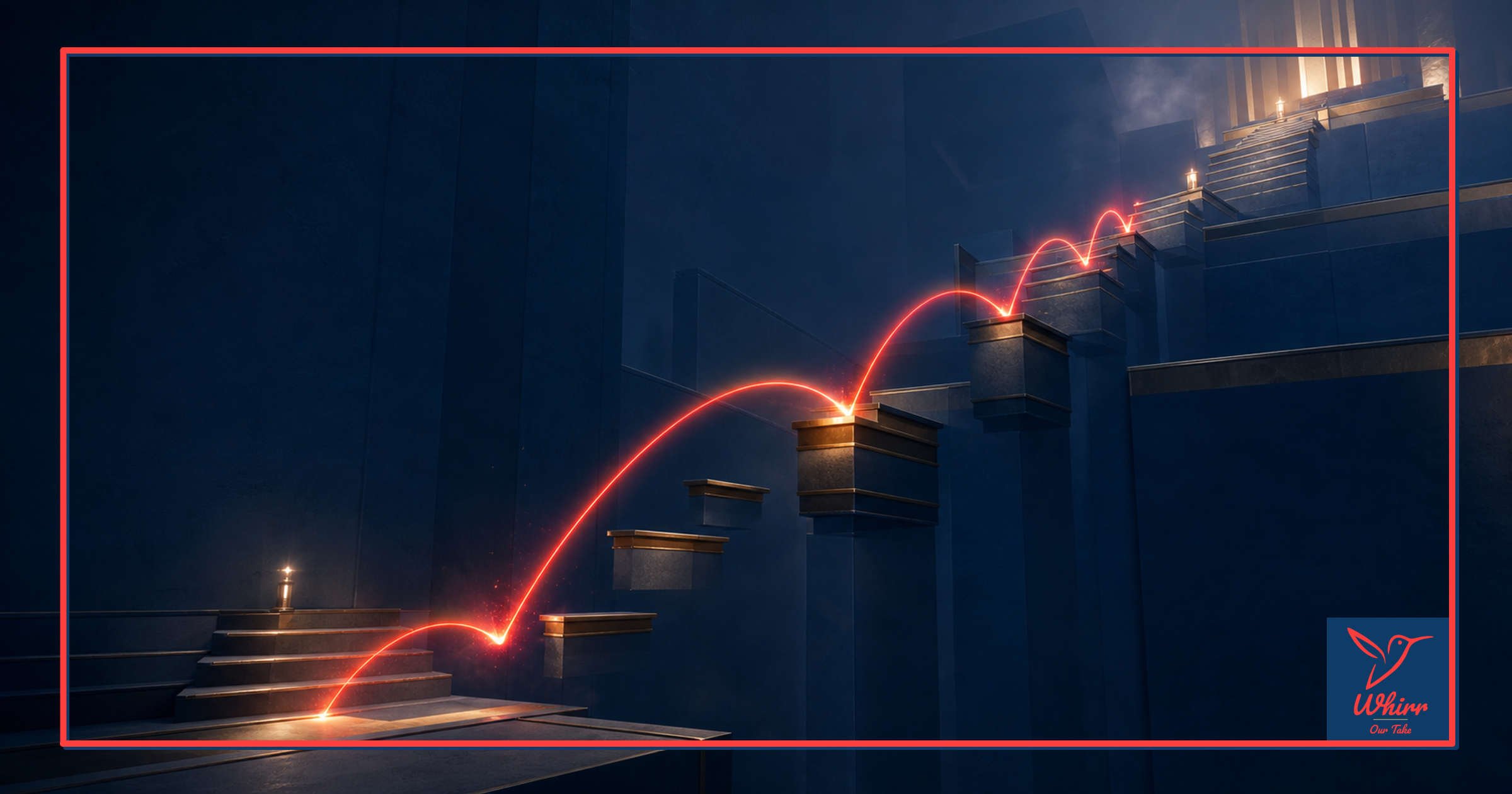 A red lightbeam hops up steps and shelves to the top of the screen.