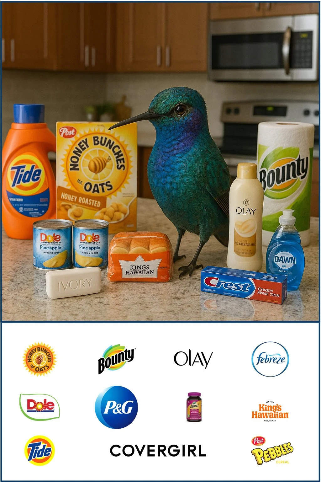 A hummingbird sitting on the counter among a bunch of grocery store items, including Tide detergent, Honey Bunches of Oats cereal, Bounty paper towels, Dawn dishwashing liquid, Crest toothpaste, Olay body wash, Kings Hawaiian rolls, Ivory and Dole