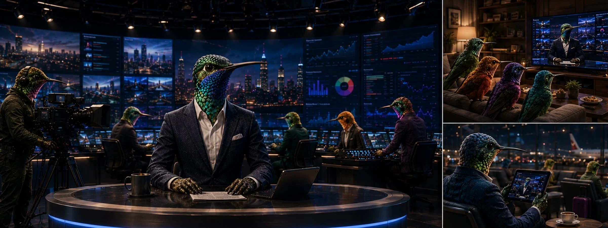 the hummingbird news anchor is broadcasting while on the left are separate views of a family watching him on TV, and a traveler watching him on a tablet.