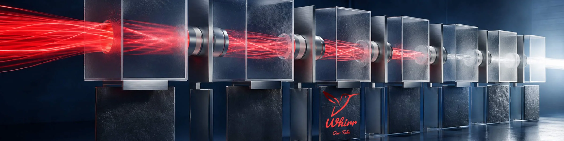 Red light streams move through transparent cubes becoming white light on the other end, symbolizing how Whirr can add transparency to opaque media fees buried in plans.