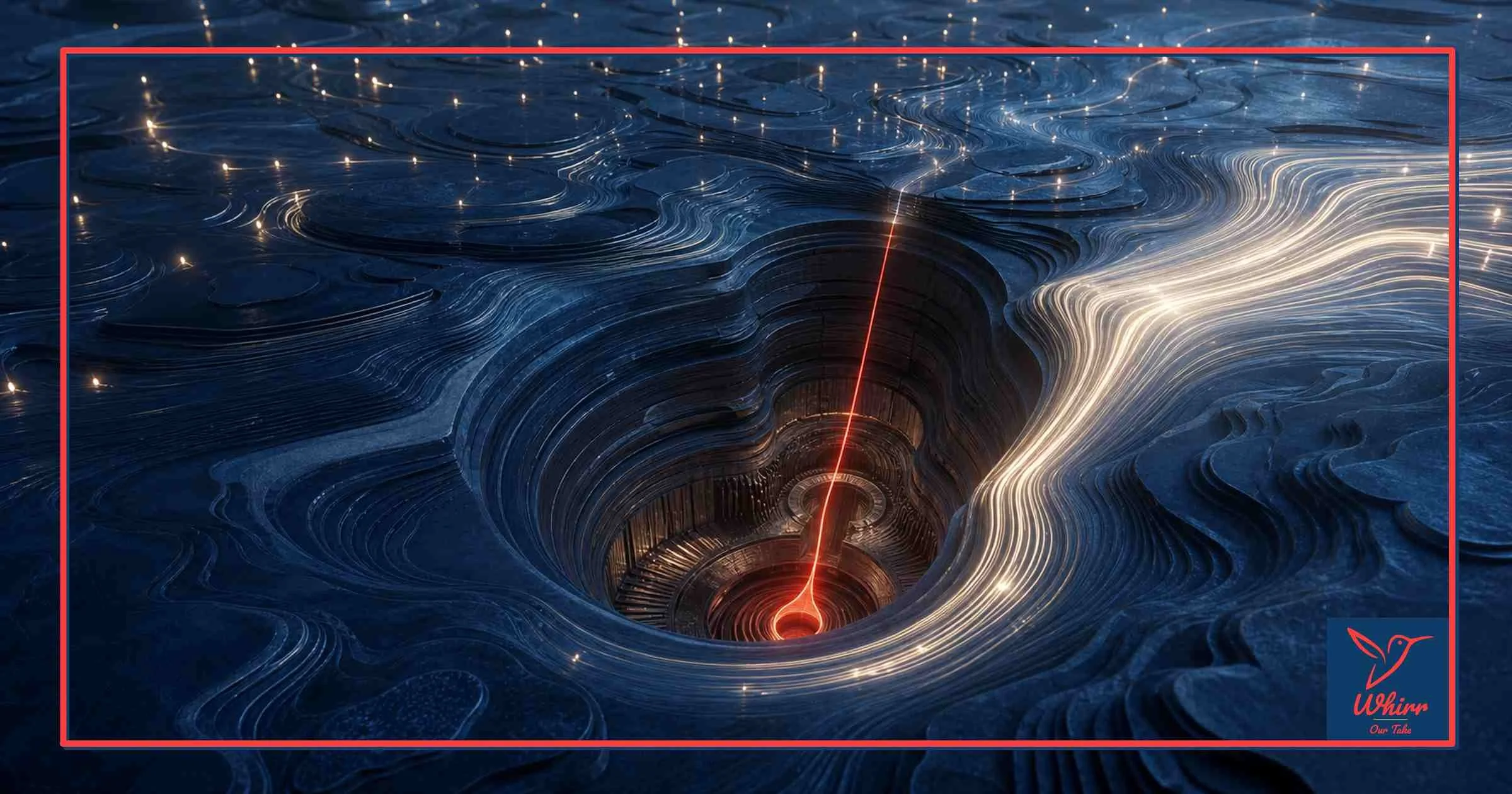 Lights across a dark blue landscape encircle an abyss, as a metaphor for the impact of long-form content.