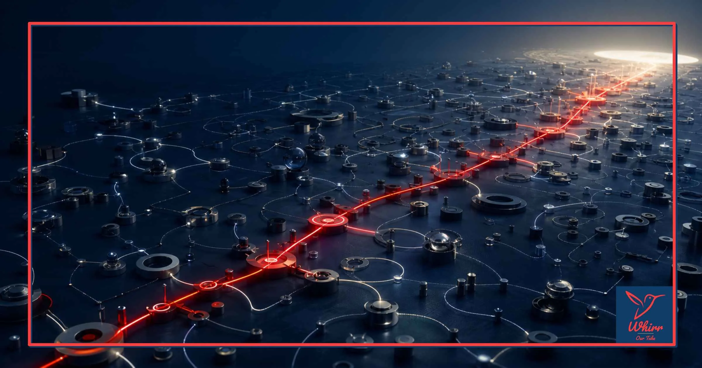A bright red path of wiring representing a measurement framework snakes between gears and nodes towards a bright circle, with the Whirr logo in the lower right corner.