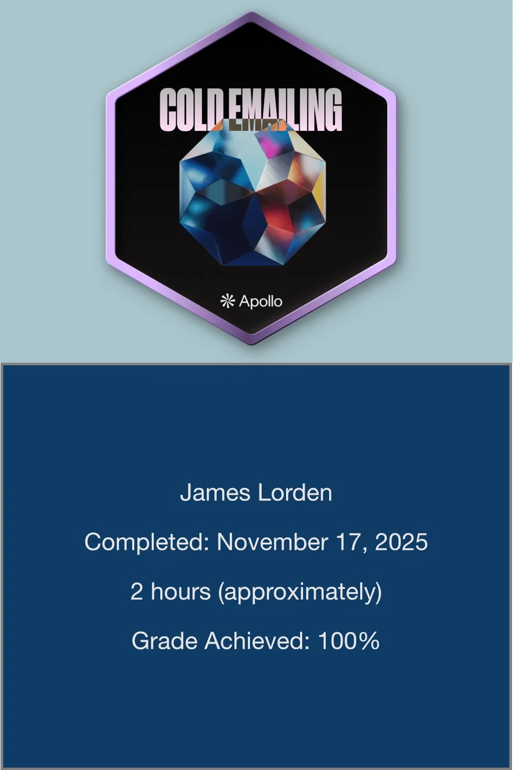 Apollo Cold Emailing Course Completion Badge and Details