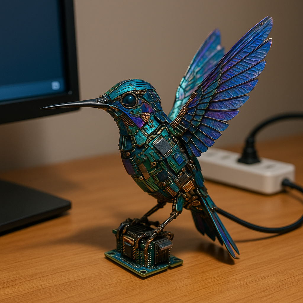 A hummingbird made of circuitry perched atop a processing unit, about to take flight.
