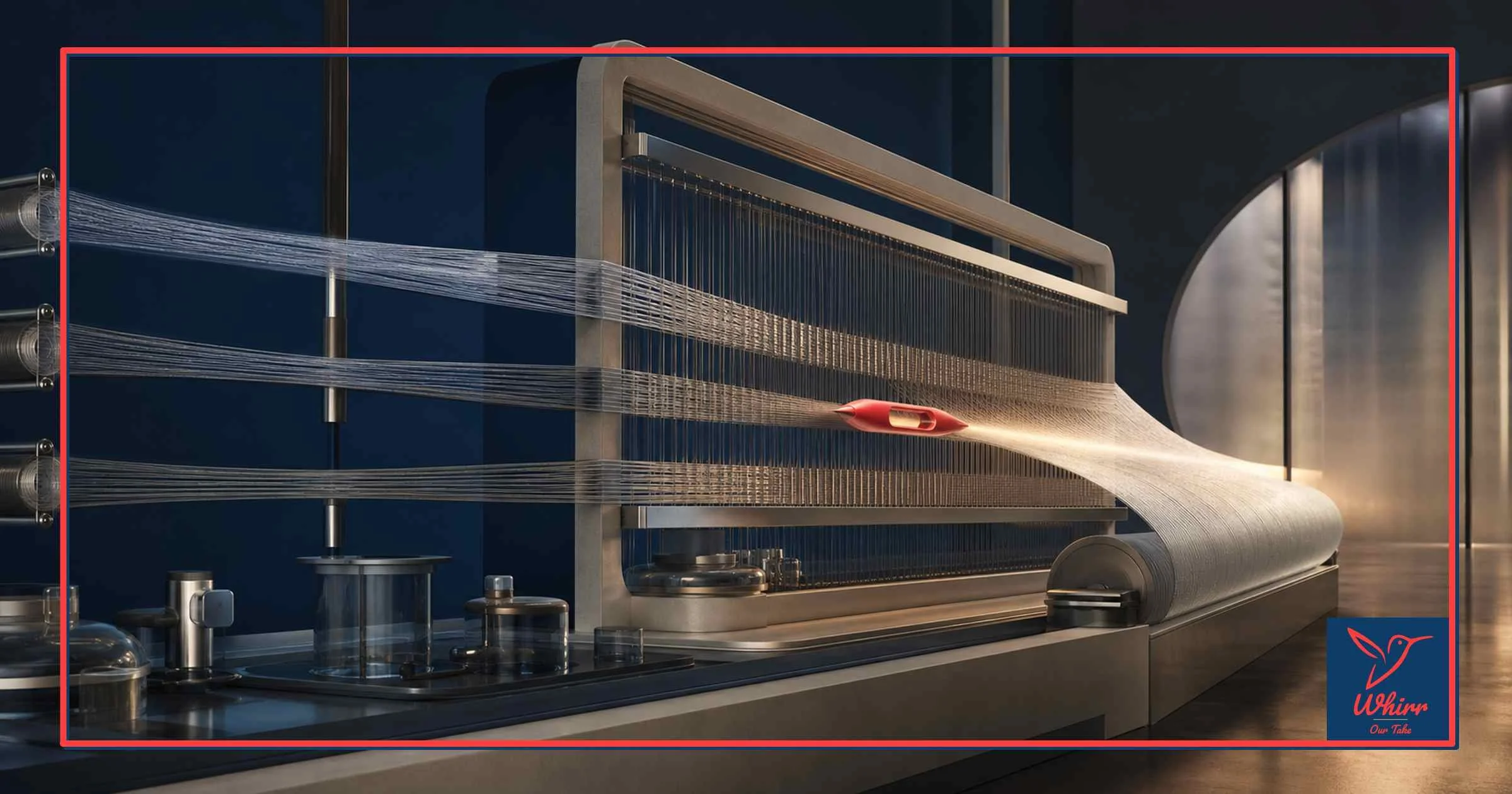 A massive loom processes threads which emerge into a woven fabric, symbolizing trends shaping creative and media in 2026.