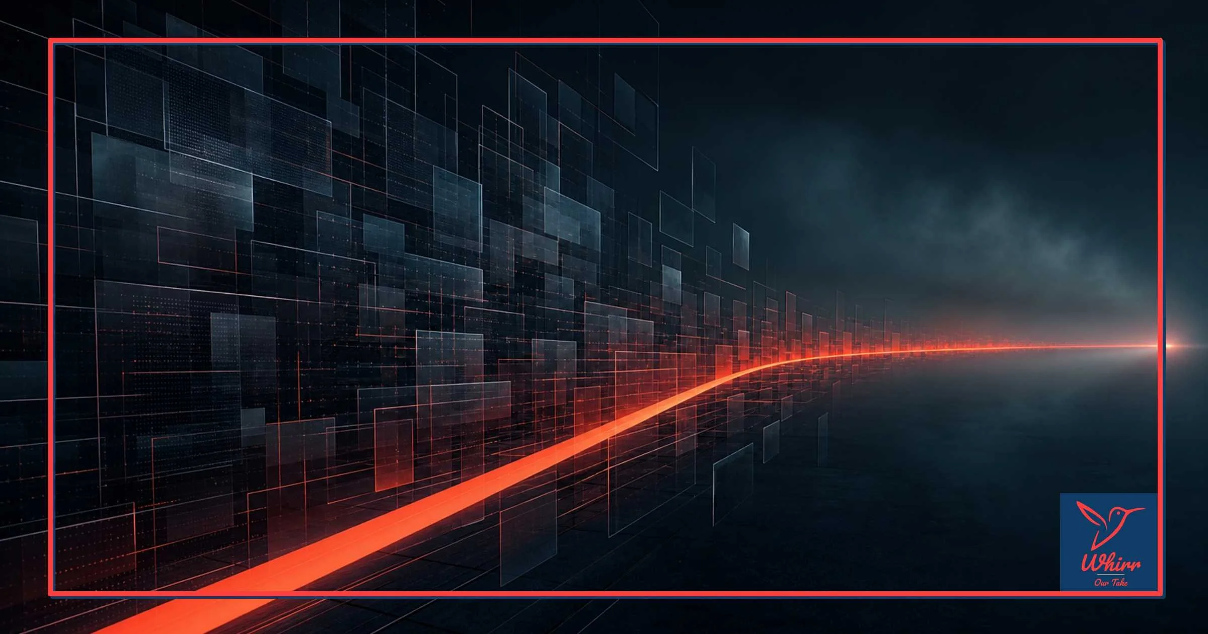 A red beam passes a series of translucent graphite panels heading towards the right on the horizon.
