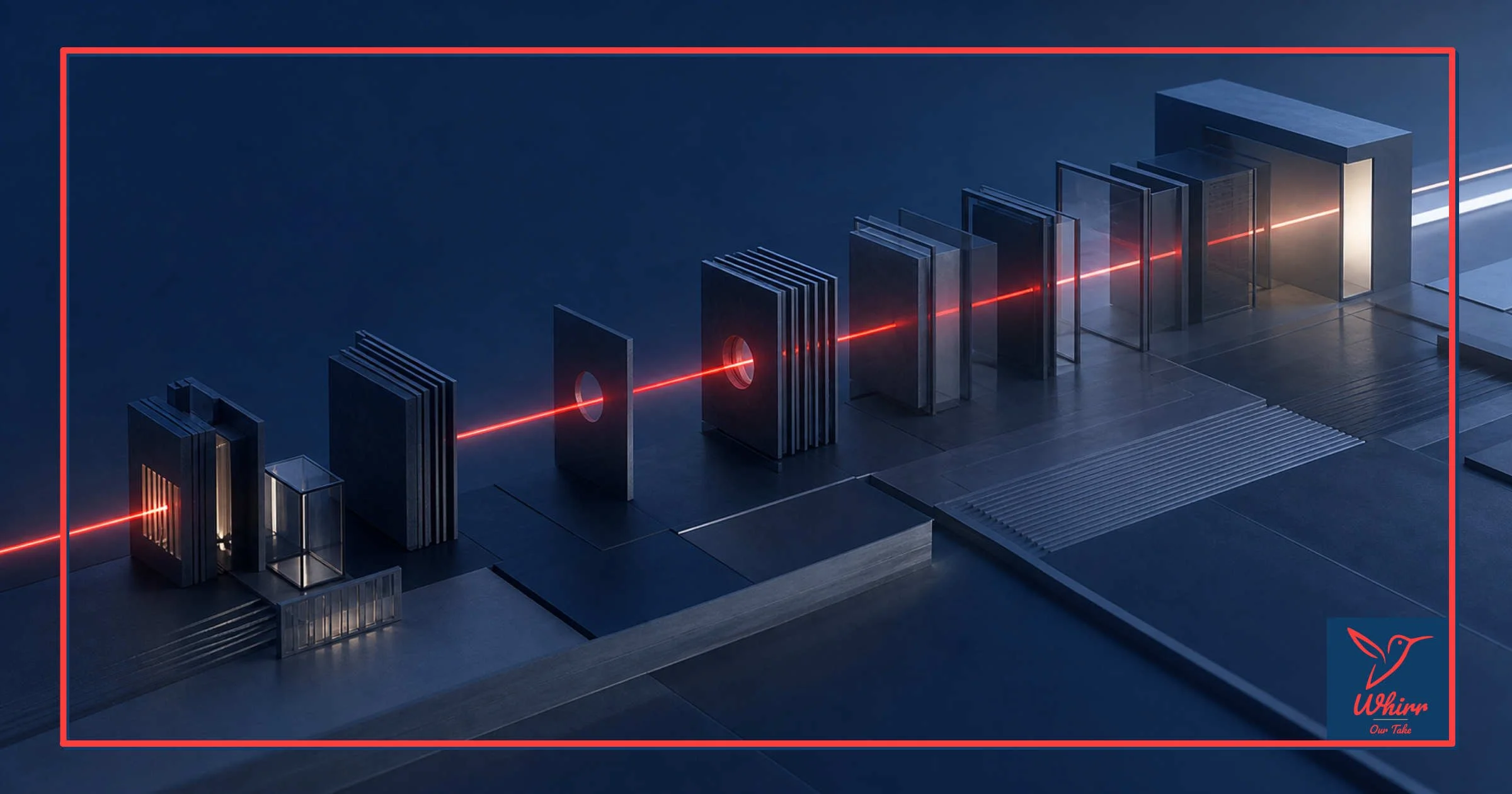 A red beam pierces a series of rectangular shapes, with the Whirr logo in the lower right corner.