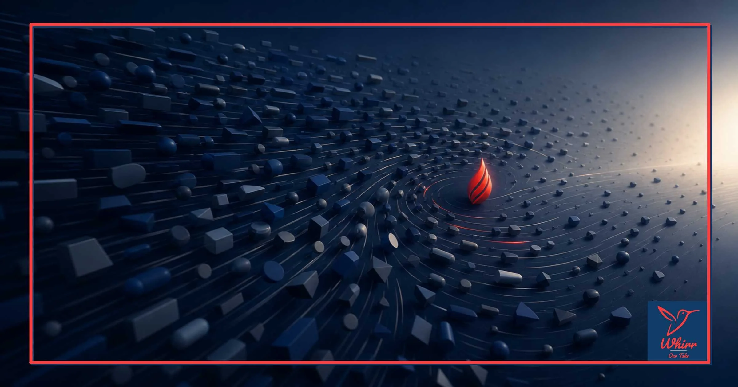 A red flame representing media attention is surrounded by different blue and grey shapes representing media view statistics, with the Whirr logo in the lower right corner.