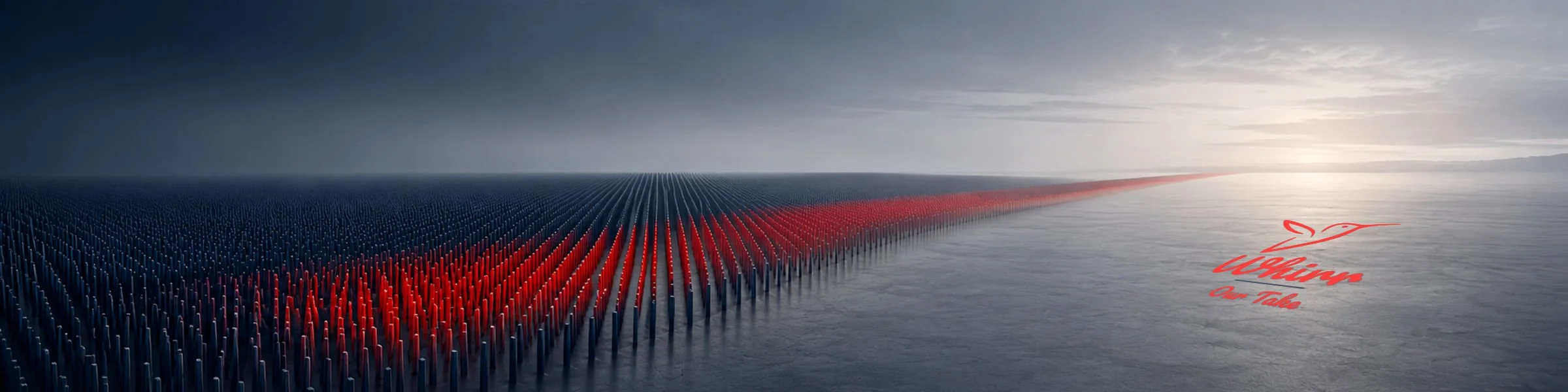 A sea of grey rods is punctuated by a cluster of red ones, signifying the power of brand building.  The Whirr logo rests on a graphite surface on the right.