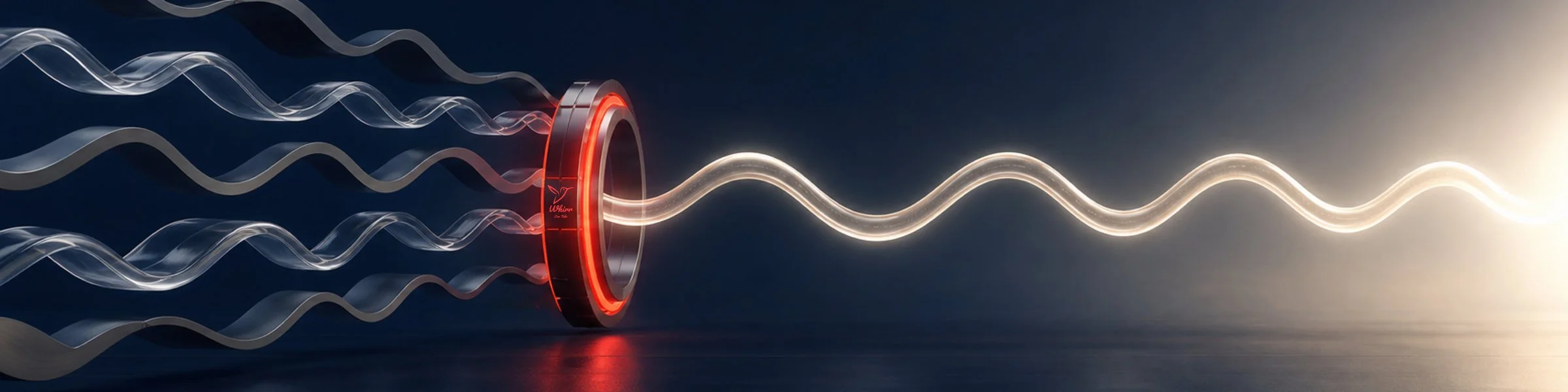 An array of waves representing media and creative concepts passes through a ring with the Whirr logo, uniting into one wave headed towards a bright light.