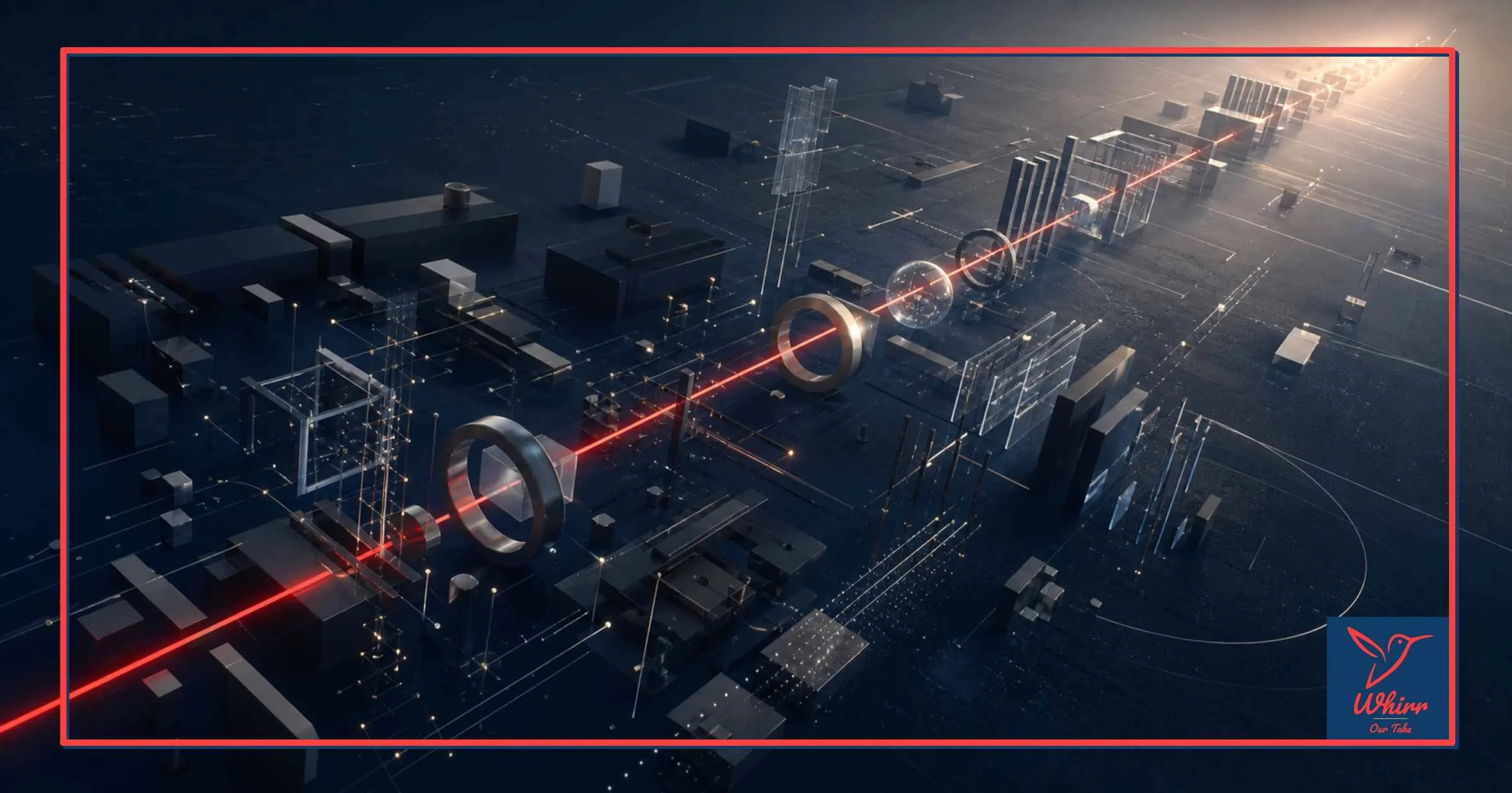 Depicting a marketer's new job as strategic translation, a red beam goes through a series of shapes on its way to clarity, while the Whirr logo sits in the corner.