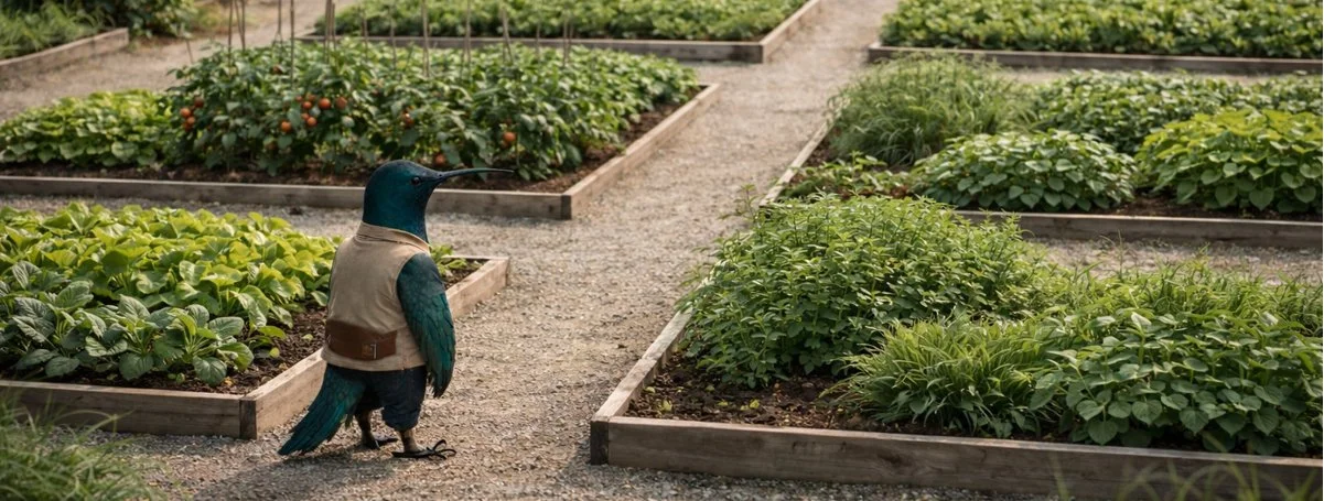 A hummingbird gardener looks over a well manicured garden with flourishing plants.
