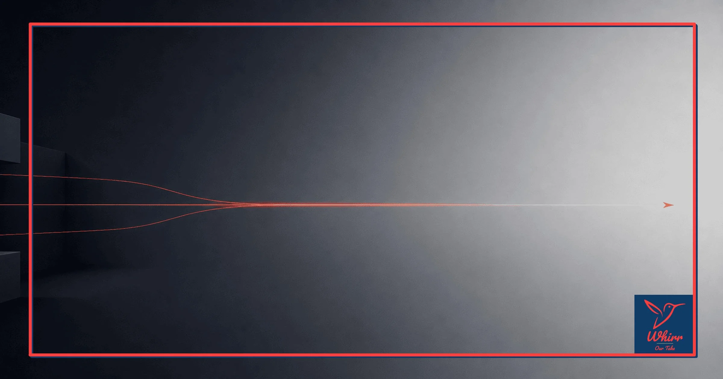 vague shapes along the left with red light streams heading towards a red arrow on the right, with a Whirr logo in the lower right hand corner.