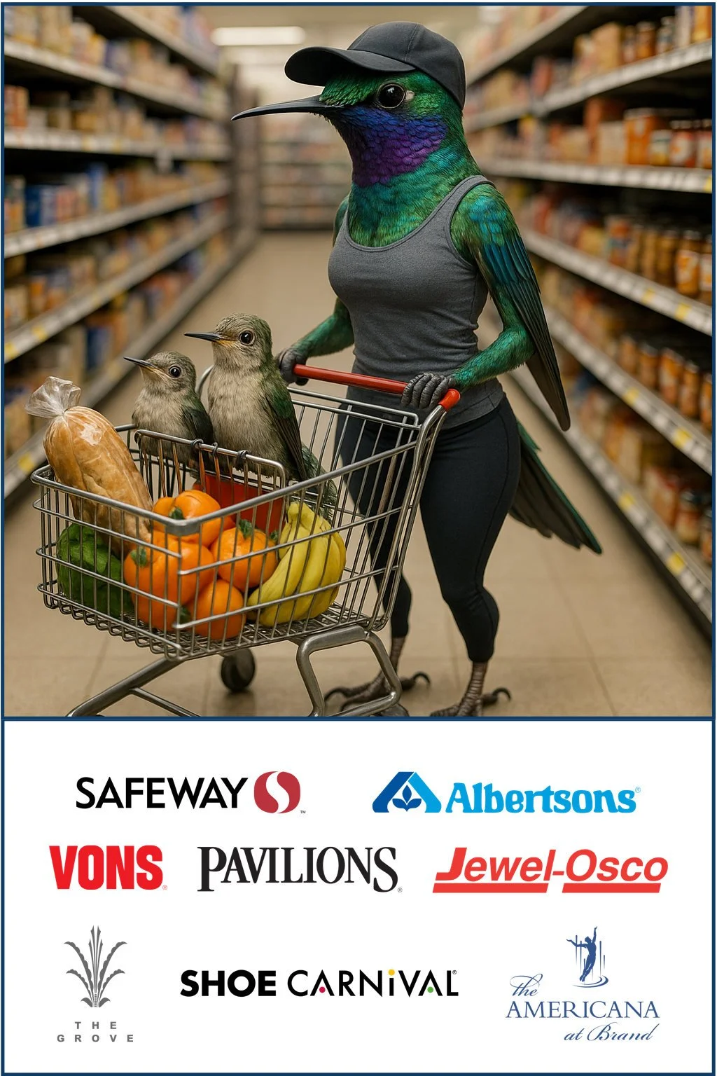 A mother hummingbird pushing a shopping cart filled with groceries and her two baby hummingbirds, down the aisle of a store