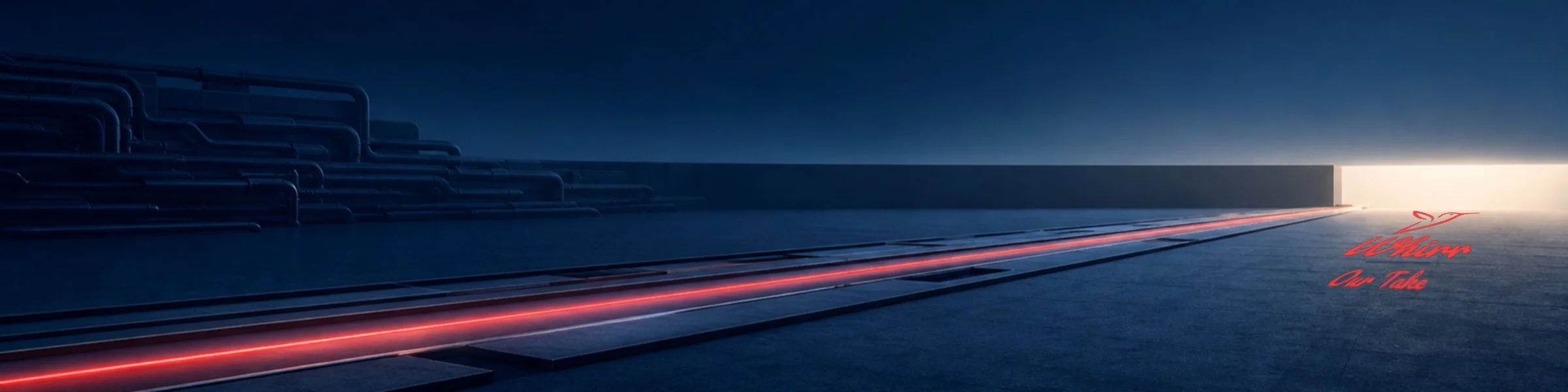 A red beam travels through a channel in a quiet dark factory with the Whirr logo on the floor