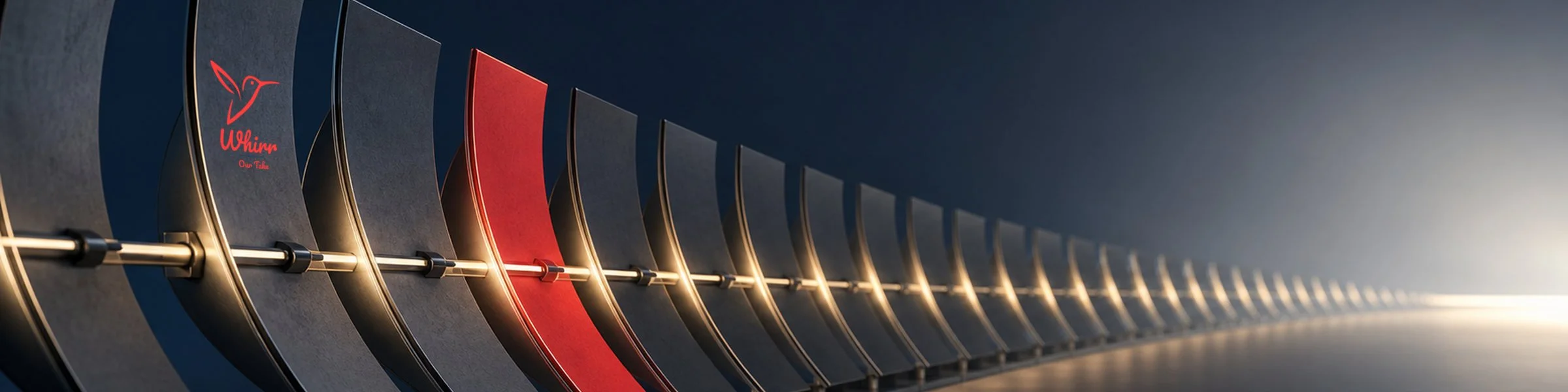 A Whirr logo sits on a panel among many grey curved panels, one of which is red, representing the varied responsibilities of a Fractional CMO.
