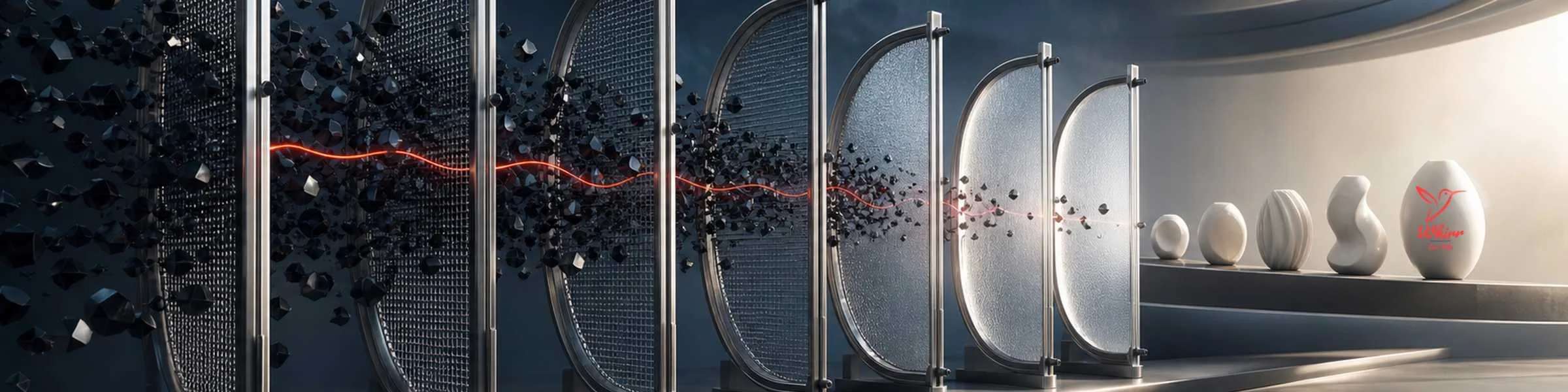 Metal fragments move through screens and become finished products, as a metaphor for avoiding AI slop in content creation.