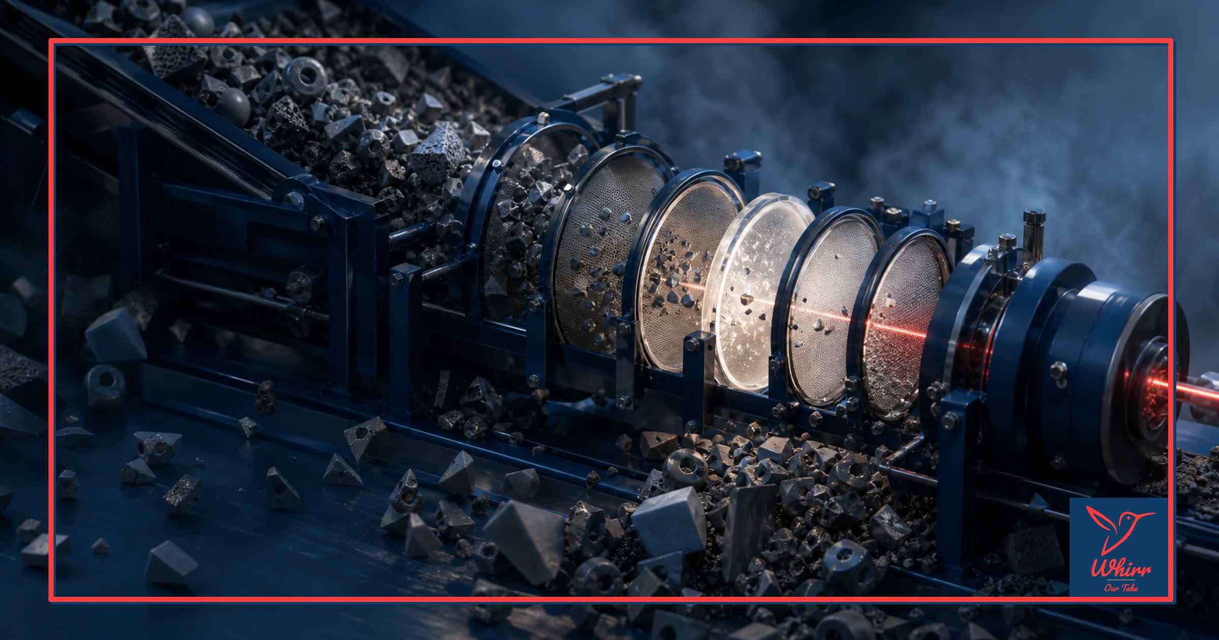 A machine with various lenses and screens is processing metal shapes, similar to how AI images and content can become "slop".