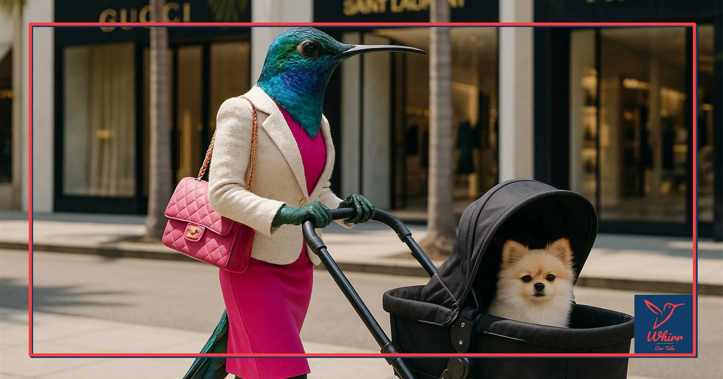 A stylish hummingbird woman in a pink dress with pink purse is pushing a stroller with a Pomeranian in it past stores.