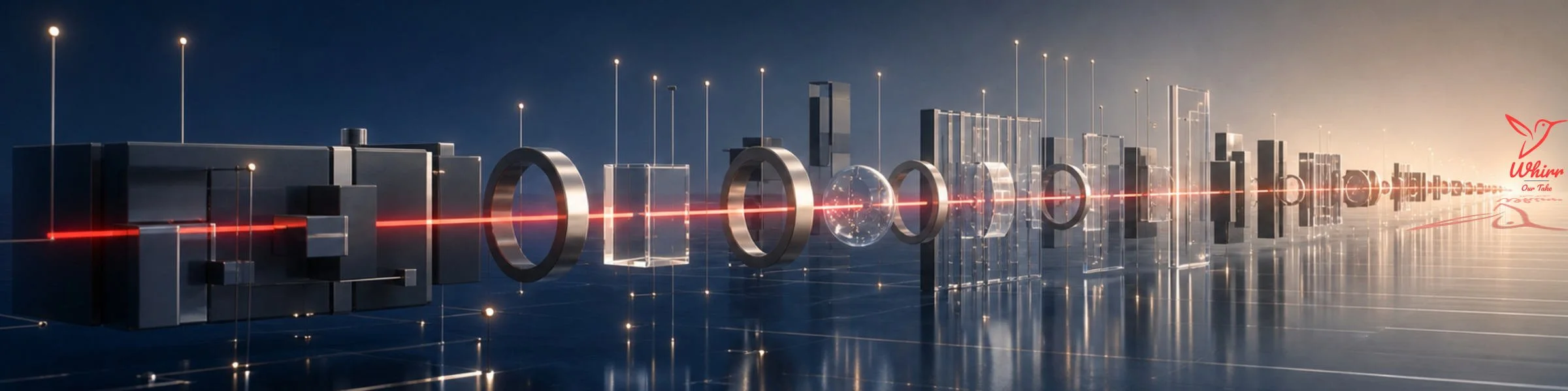 A red beam moves through different shapes and materials similar to the role a marketing leader plays in strategic translation across disciplines.