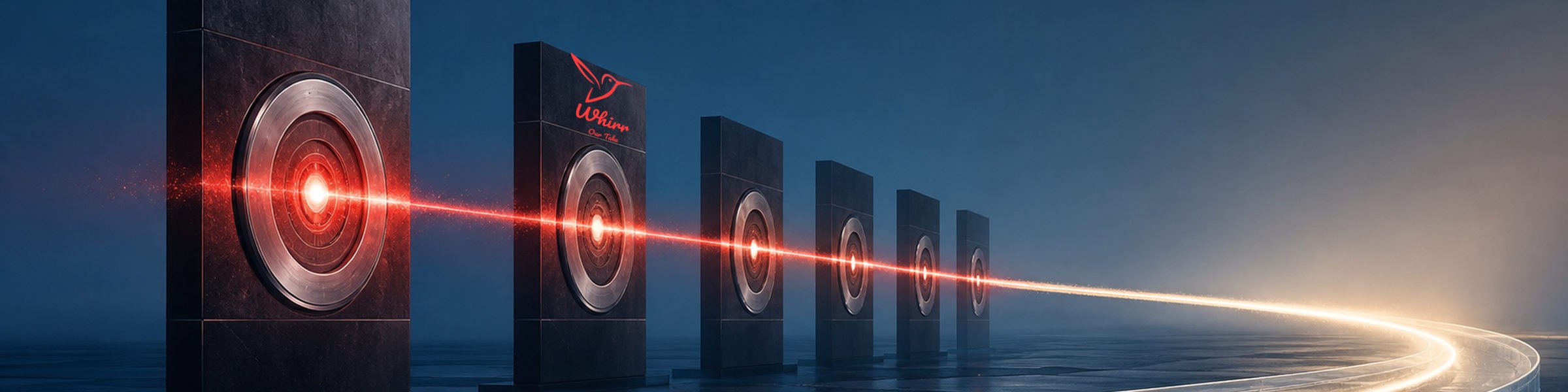 Six vertical structures with a red lightstream connecting them, lead to a white lite, symbolizing digital out-of-home advertising.